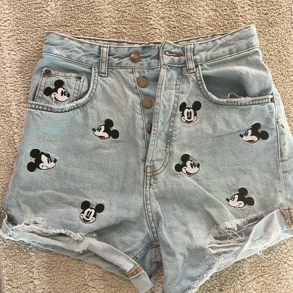 Zara Light Blue Jean Shorts with Mickey Mouse Print